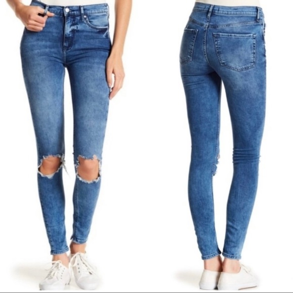 SOLD-Free People Busted Knee Blue Indigo Wash Skinny Mid Rise Ankle Jeans - Picture 5 of 11